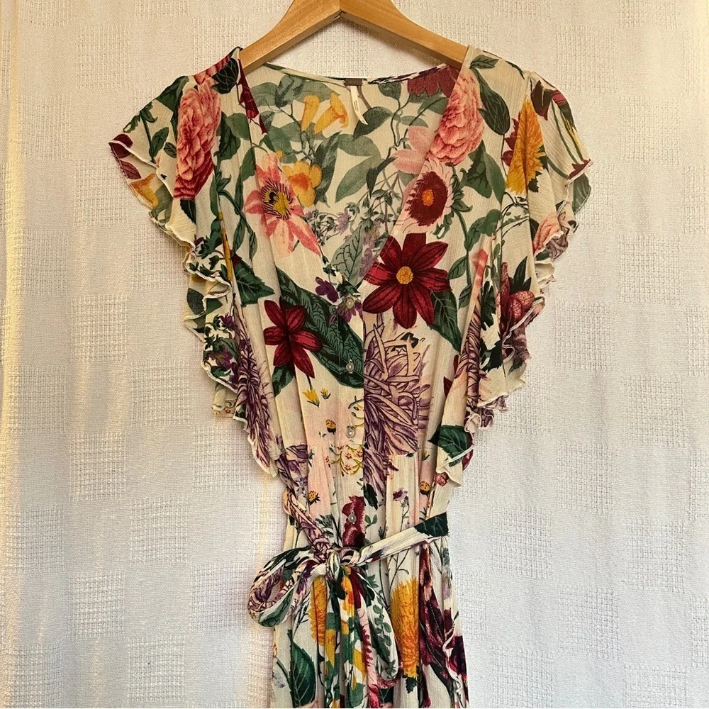 Free People Multicolored Floral Midi Dress with Flutter Sleeves